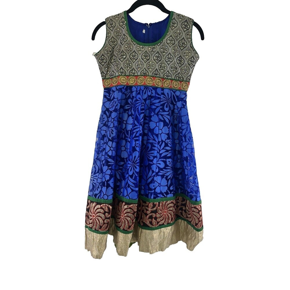 Special Occasion Dress Girls Brocade Blue Floral Beaded Fit Flare 34 Youth Large - Picture 1 of 12